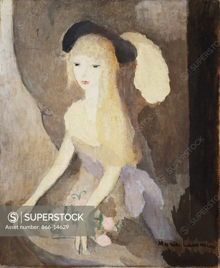 Girl in a Black Hat with a White Feather; Jeune Fille au Chapeau Noir avec une Plume Blanche. Marie Laurencin (1885-1956). Oil on canvas. Painted in 1915. 55 x 48cm.