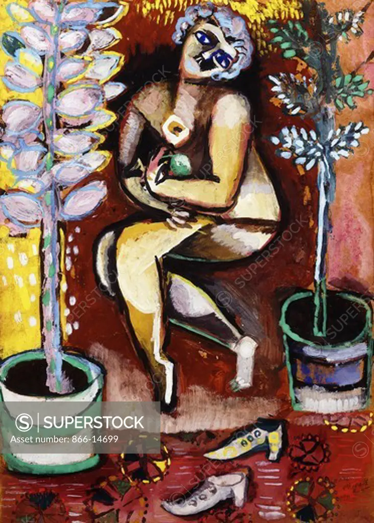 Sitting Nude with Flowers; Nu Assis aux Fleurs. Marc Chagall (1887-1985). Gouache on paper. Signed and dated 1911. 33.6 x 23.8cm.