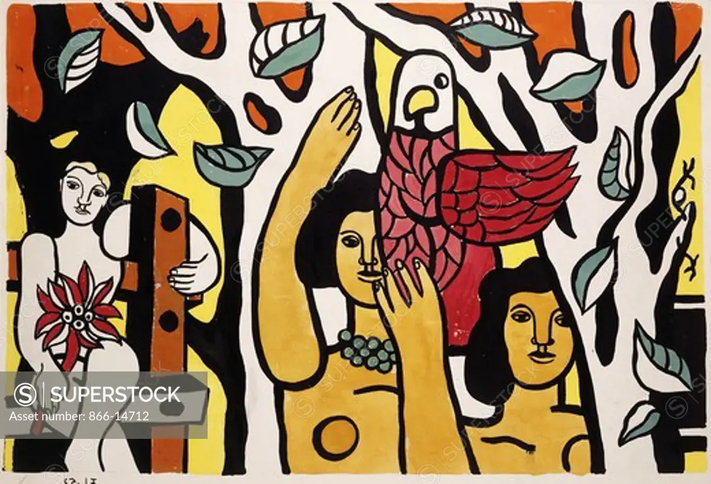 Composition with a Parrot; Composition au Perroquet. Fernand Leger (1881-1955). Gouache and black ink on paper. Signed and dated 1952. 42 x 61.5cm.