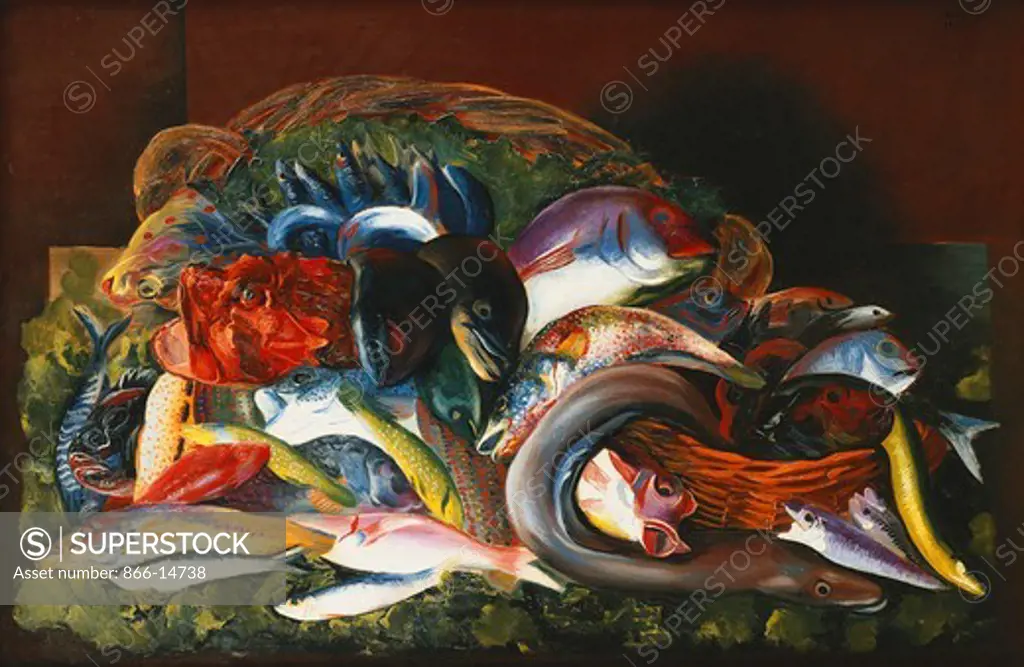 Large Still Life with Fish; Grande Nature Morte aux Poissons. Moise Kisling (1891-1953). Oil on canvas. Painted in 1950. 81 x 121cm.