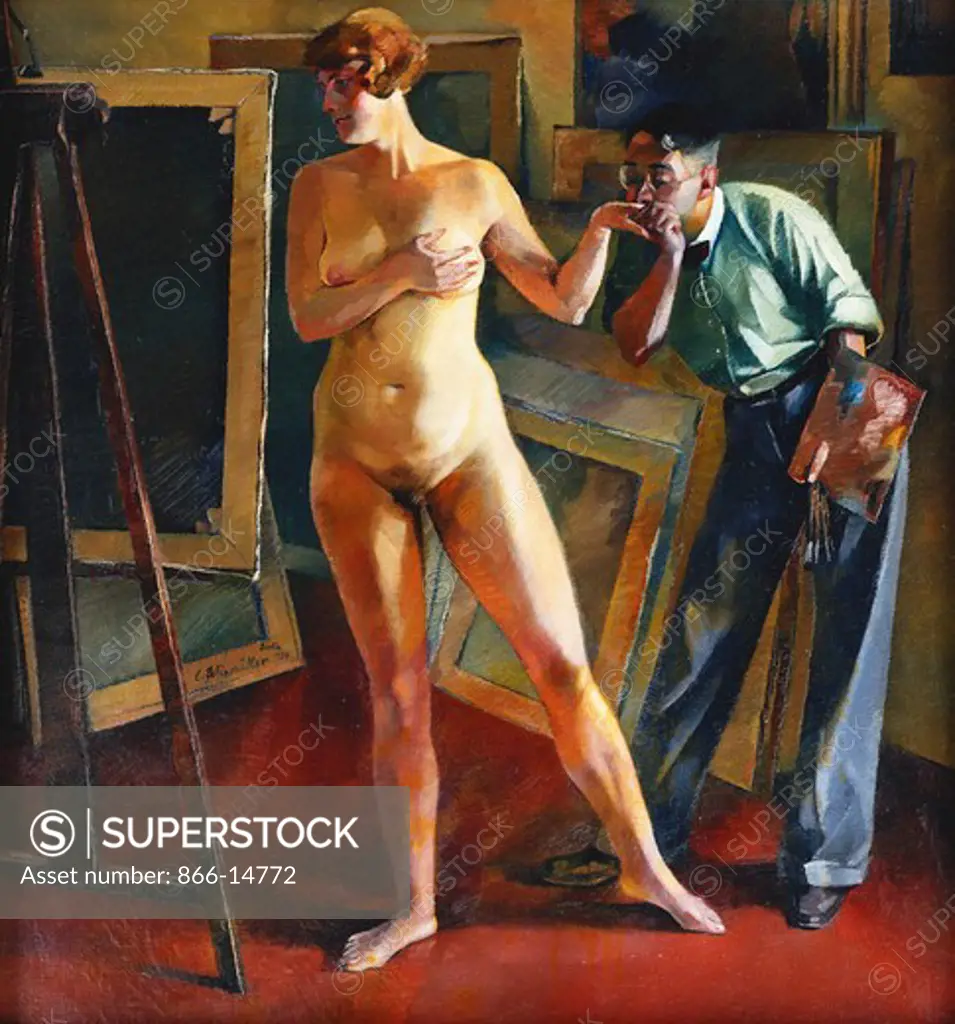 Artist with Model; Kunstler Mit Modell. Conrad Felixmuller (1897-1977). Oil on canvas. Painted in 1934. 76 x 81cm. See  MOD290687038R 01 for recto picture -Das Blumenmadchen