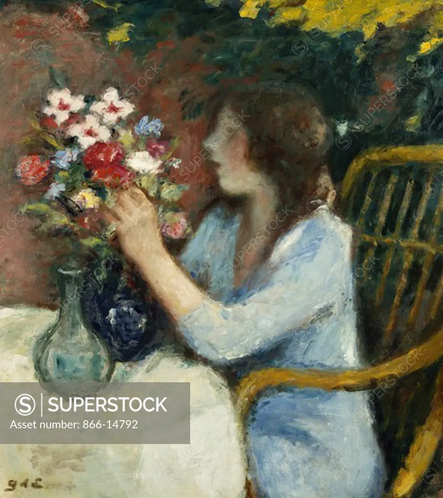 Woman Arranging Bouquet of Flowers; Femme Arrangeant un Bouquet de Fleurs. Georges d'Espagnat (1870-1950). Oil on canvas. 81 x 73cm.