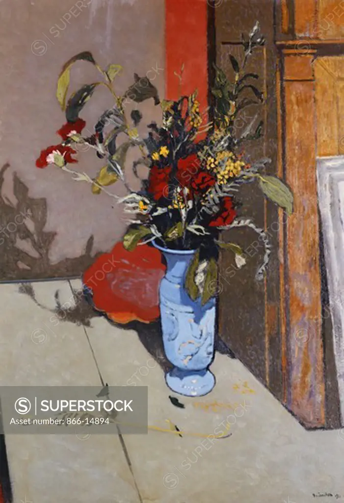 Blue Vase with Red Carnations and Mimosas; Vase Bleu aux Oeillets Rouges et aux Mimosas. Maurice Brianchon (1899-1979). Oil on canvas. Dated 1941. 92 x 65cm