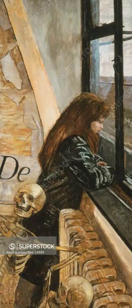 Girl with Skeletons. Carel Weight (1908-1997). Oil on board. Painted circa 1959. 121.8 x 53.4cm. The picture was set in the artist's Cromwell Road studio and the sitter was the daughter of the Welsh Sculptor, Ivor Robert-Jones.