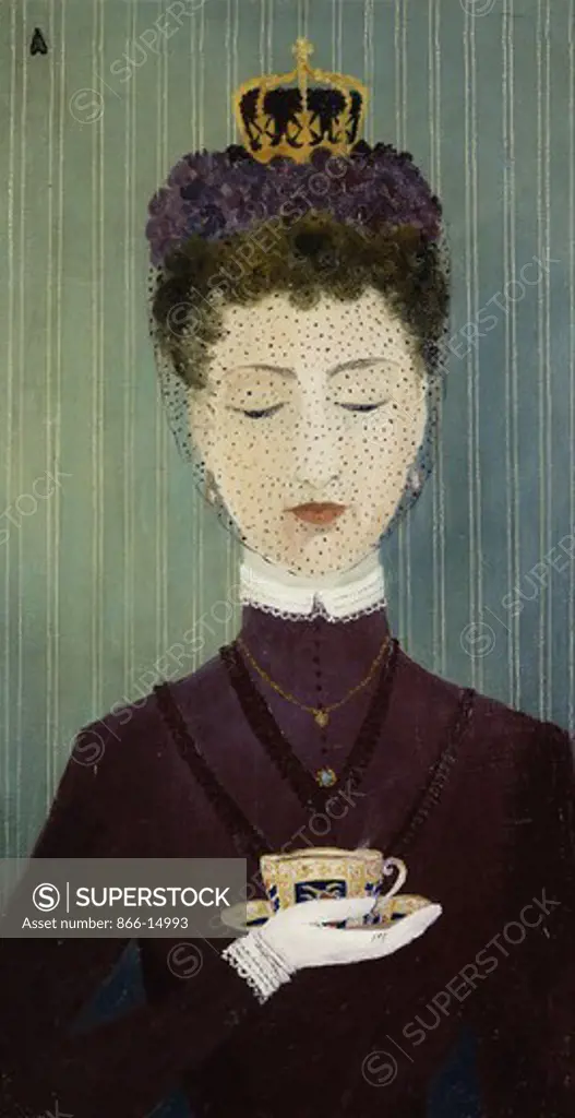 Queen Alexandra came to Tea. Helen Bradley (1900-1979). Oil on canvasboard. Painted in 1966. 20.25 x 11.25in