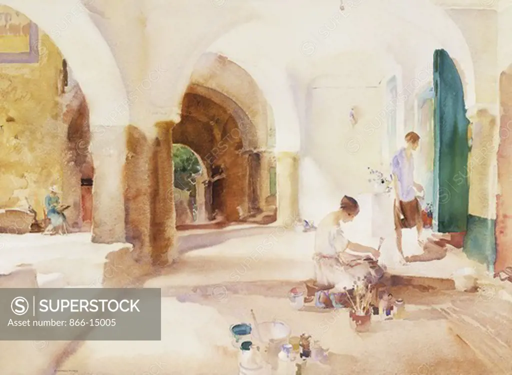Painters, Cagnes. Sir William Russell Flint (1880-1969). Watercolour. 19.5 x 26in. Depicts the portico of Sir Herbert Hughes Stanton's house at Cagnes. Standing figure is Miss Chloris Hughes Stanton, the seated figure, Miss Barbara Hughes Stanton.