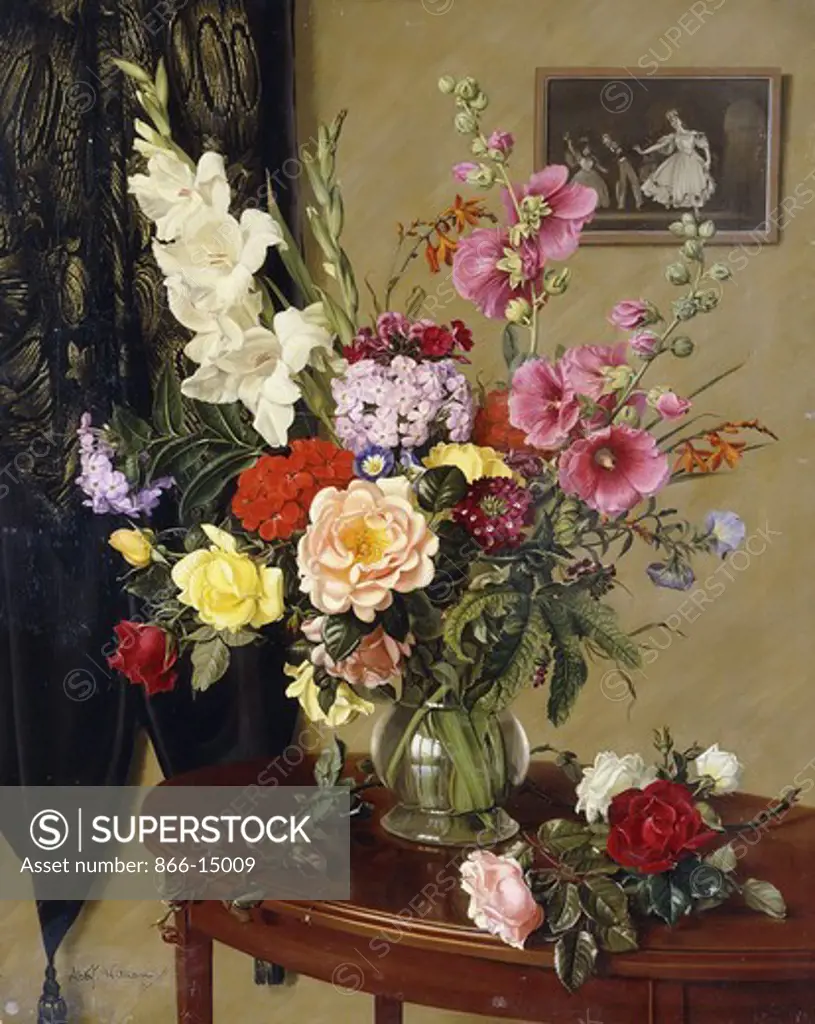 Still Life with Gladioli, Roses and Hollyhocks before an Embroidered Curtain. Albert Williams (1922-2010). Oil on canvas. 31 x 25in