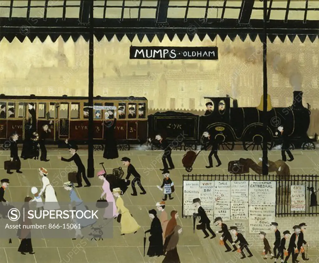 Stop the Train' called Father, 'We're coming on it'.  Helen Bradley (1900-1979). Oil on canvasboard. 19 1/2 x 23 1/2in