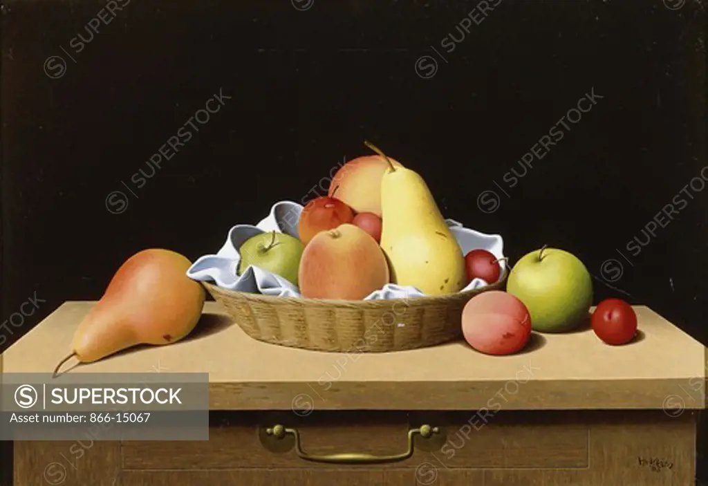 A Basket of Fruit.  Tristram Paul Hillier (1905-1983). Oil on canvas. Signed and dated 1963. 13 3/4 x 20in