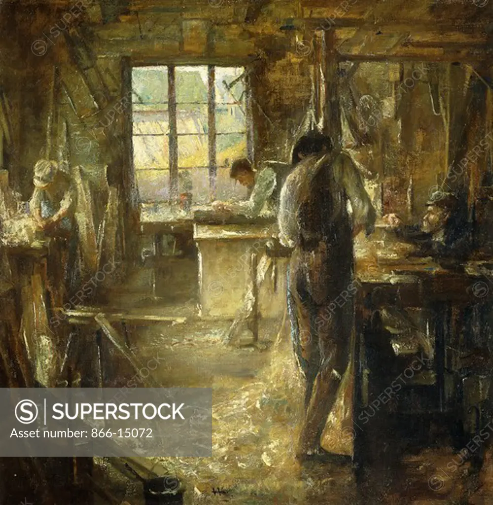 In the Carpenter's Shop. Alfred Wolmark (1877-1961). Oil on canvas. 37 x 36in