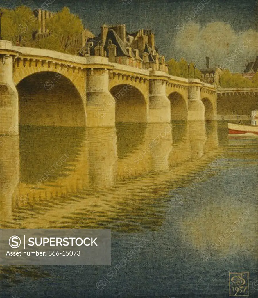 Pont Henri IV. Joseph Edward Southall (1861-1944). Tempera. Dated 1937. 23.5 x 21cm