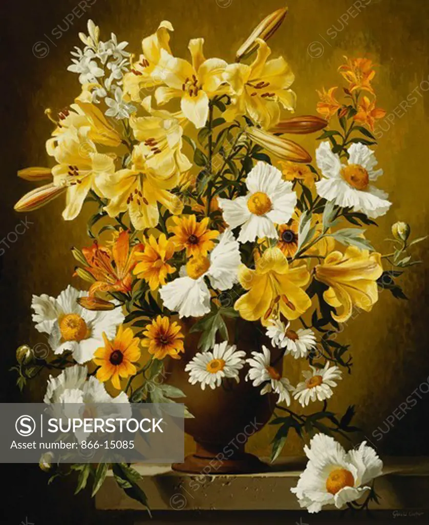 Lilies, Gallardias and Daisies in an Earthenware Vase on a Shelf. Gerald Cooper (1898-1975). Oil on canvas. 76 x 61cm