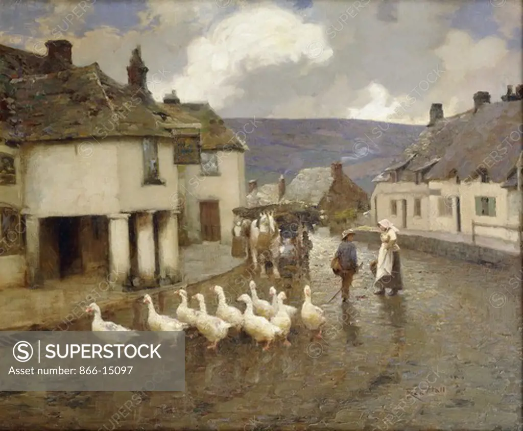 A Gaggle of Geese Outside the Greyhound Inn, Corfe Castle, Dorset. Fred Hall (1860-1948).  Oil on canvas. 24 1/2 x 29 1/2in