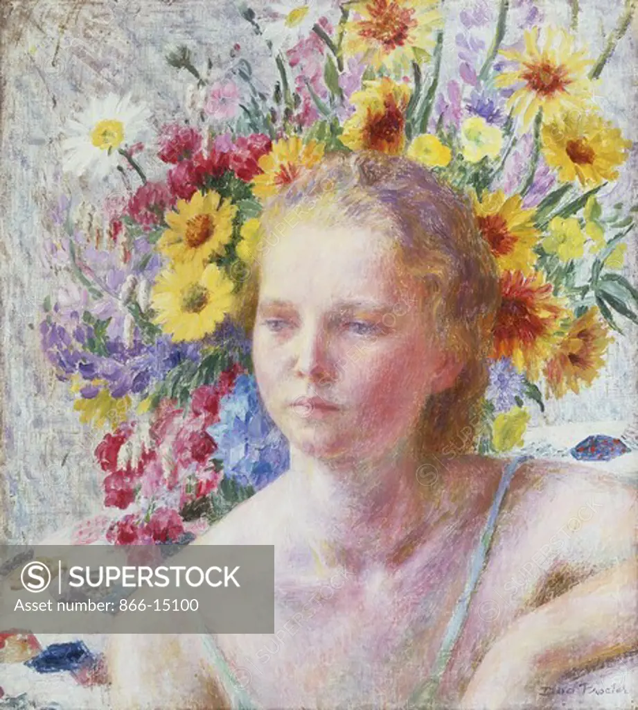 Portrait of a Young Girl with Flowers. Dod Procter (1892-1972). Oil on Canvas. 19 3/4 x 17 3/4in.