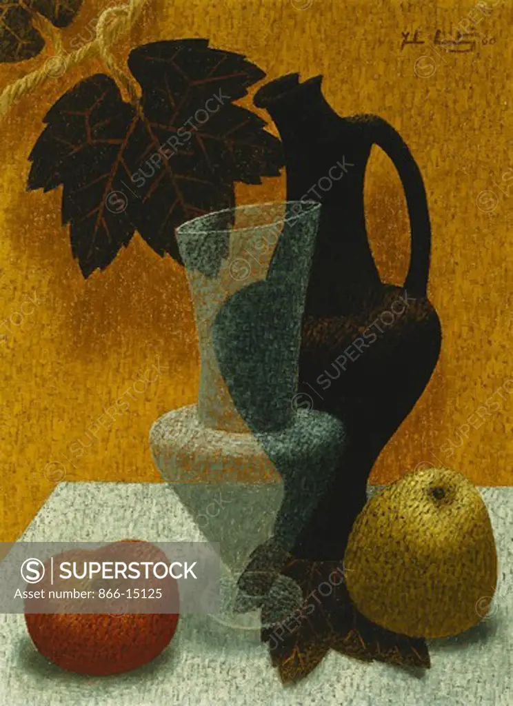 Still-Life with Vases and Fruit. John Armstrong (1893-1973). Oil on canvas. Dated 1960. 41 x 30.5cm