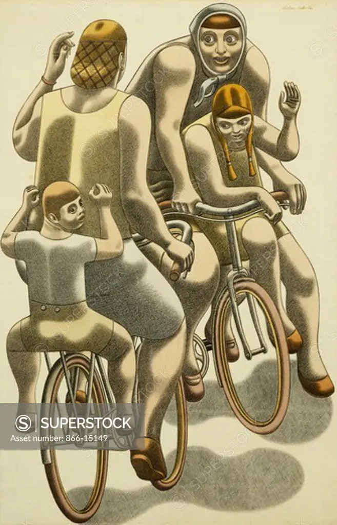 Cyclists. William Patrick Roberts (1895-1980). Black crayon and watercolour. Executed in Oxford circa 1943-4. 54.5 x 35.5cm