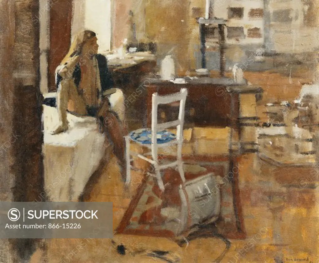 Seated Nude in a Studio Interior. Ken Howard (b.1932). Oil on canvas. Dated 1986. 48 x 58.5cm
