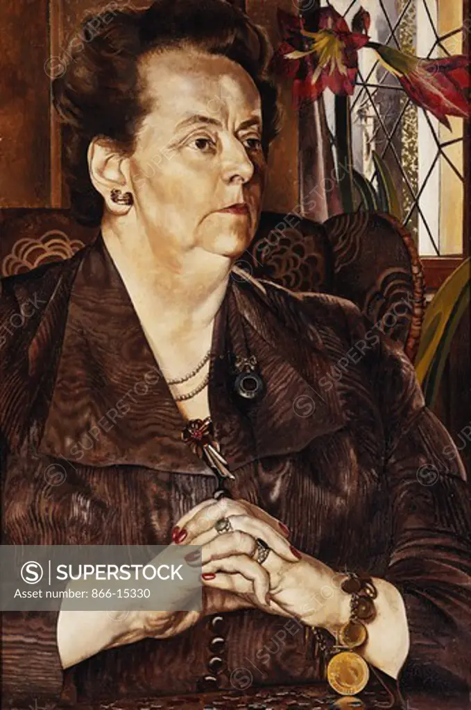Portrait of Mrs. Frank  M.D., J.P.  Stanley Spencer (1891-1959). Oil on canvas. Comissioned 1951. 90.5 x 70cm. The sitter was a well known psychiatrist and husband of Dr Osmund Frank, Mayor of Maidenhead, and a regular patron of the artist's works