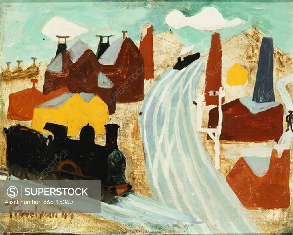 The Main Line. Julian Trevelyan (1910-1988). Oil on panel. 18 x 20cm