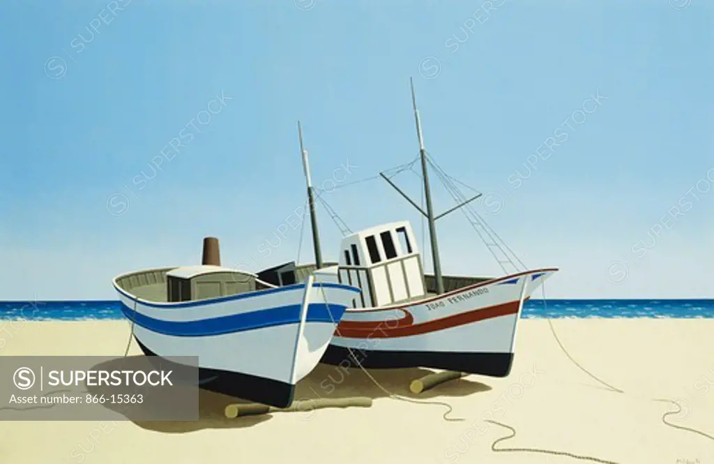 Portugese Fishing Boats. Tristram Hillier (1905-1983). Oil on canvas. Painted in 1975. 51 x 76cm