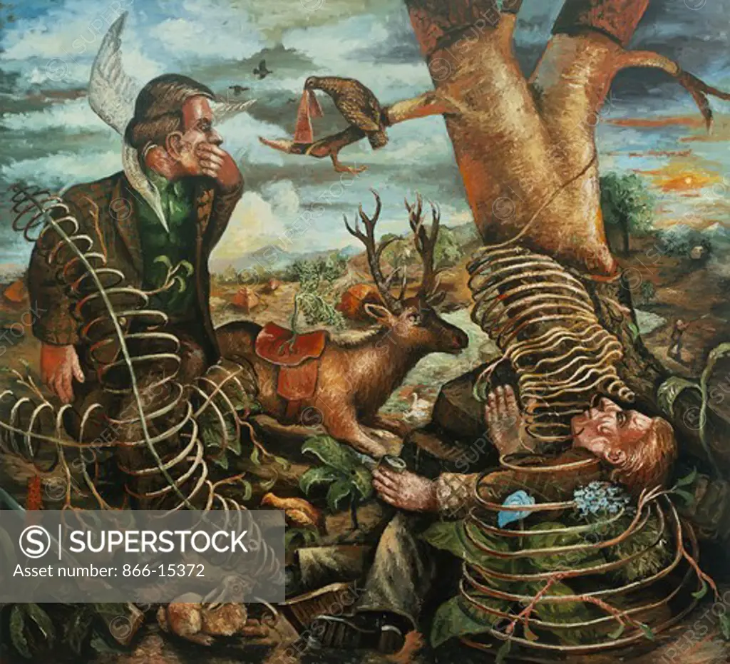 Two Hunters Immobilised by an Excessive Use of Bark Camouflage. Steven Campbell (1953-2007). Oil on canvas. 280 x 280cm