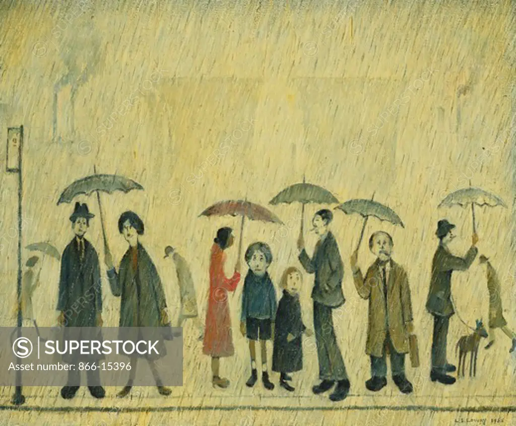 Figures in the Rain. Laurence Stephen Lowry (1887-1976). Oil on canvas. Dated 1955. 20 x 24in