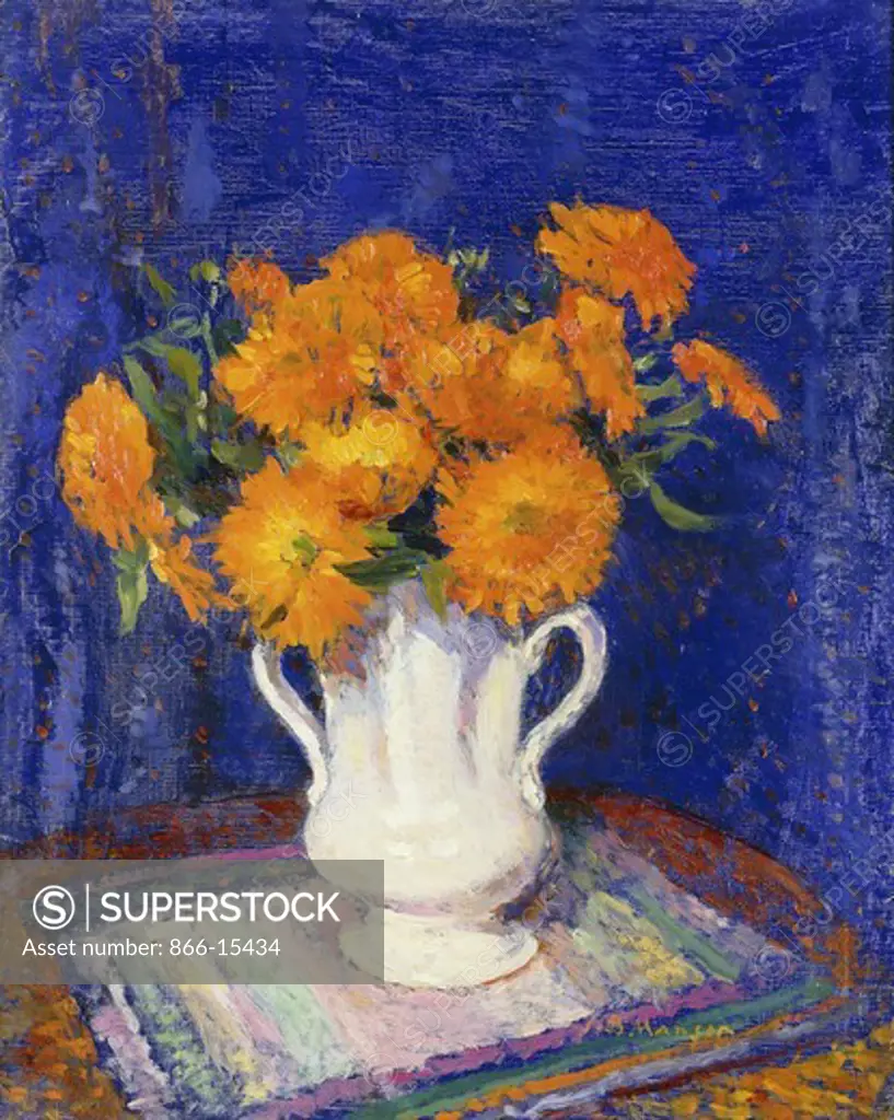 Marigolds in a White Vase. James Bolivar Manson (1879-1945). Oil on panel. 20 x 16in