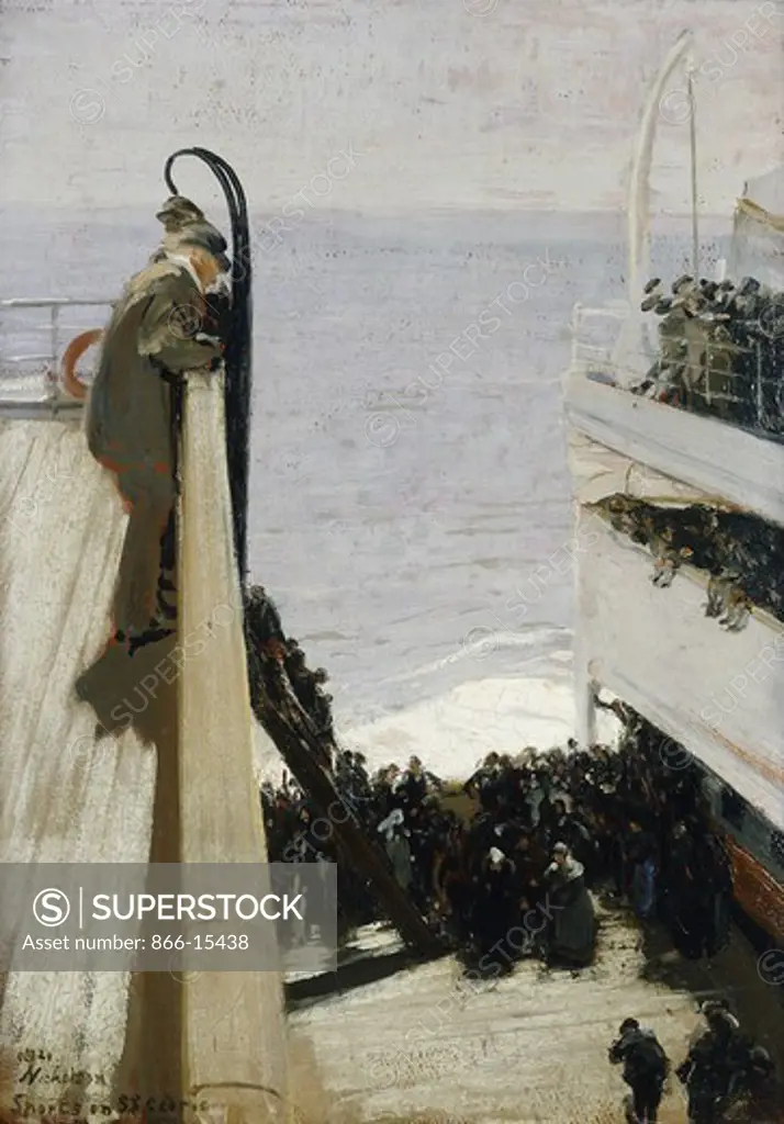 Sport on the S.S. Cedric. Sir William Nicholson (1872-1949). Oil on canvasboard. Dated 1921. 22 3/4 x 16 1/4in