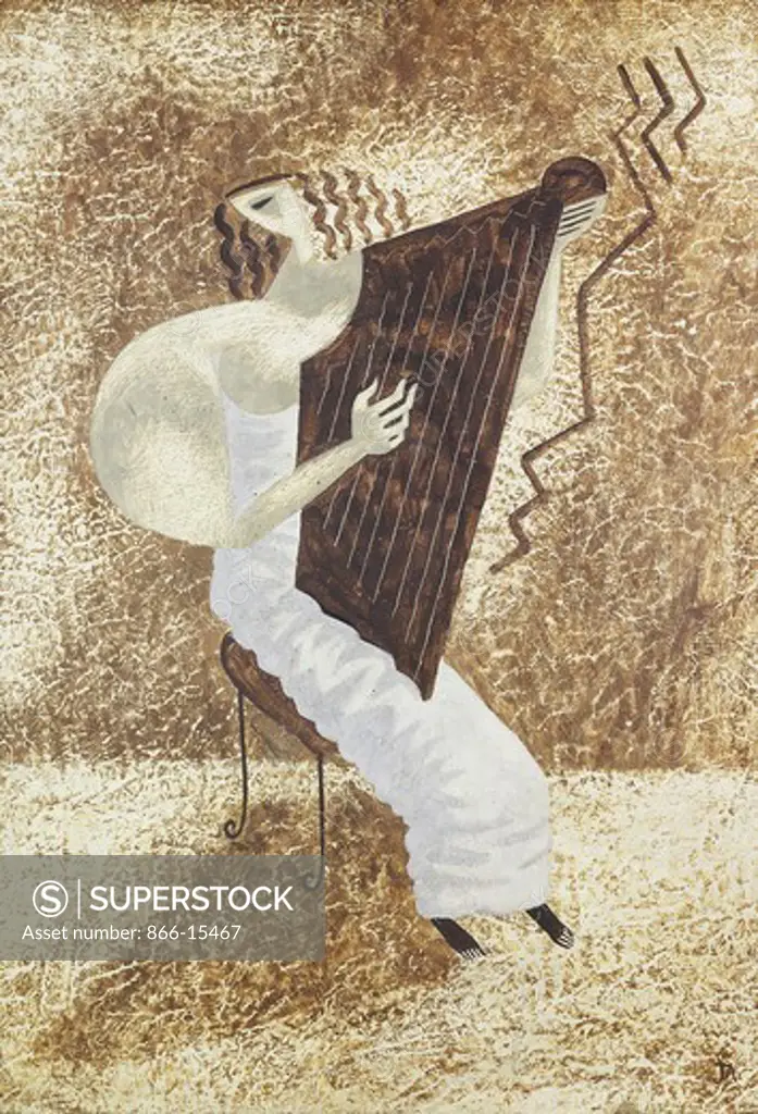 Woman with a Harp. John Armstrong (1893-1973). Tempera on board. Painted circa 1934. 28 x 20in