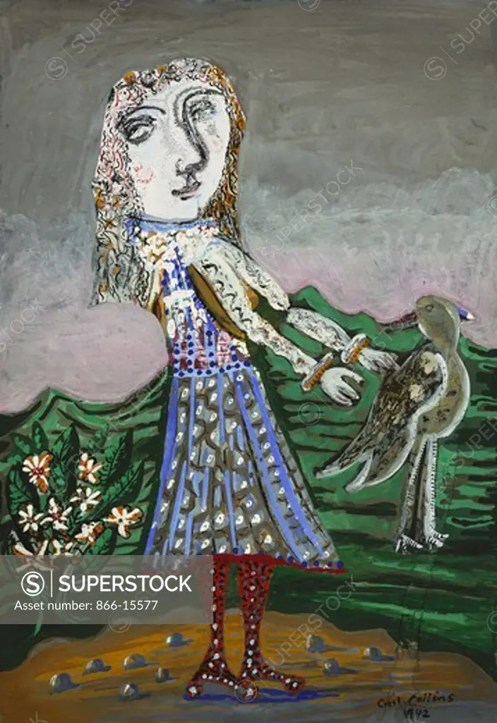 Girl with Bird. Cecil Collins (1908-1989). Gouache and pencil. Dated 1942. 14 x 9 3/4in