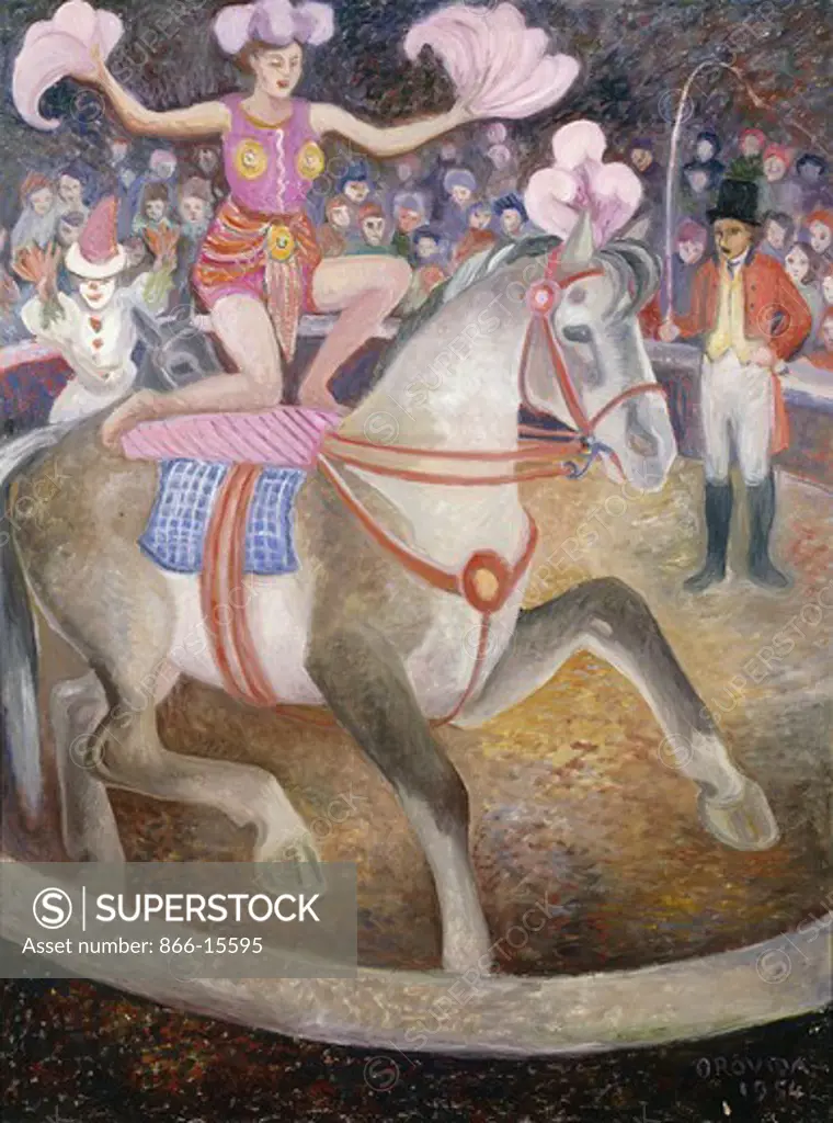 The Circus Act. Orovida Camille Pissarro (1893-1968). Oil on panel. Signed and dated 1954. 39.5 x 29.5in