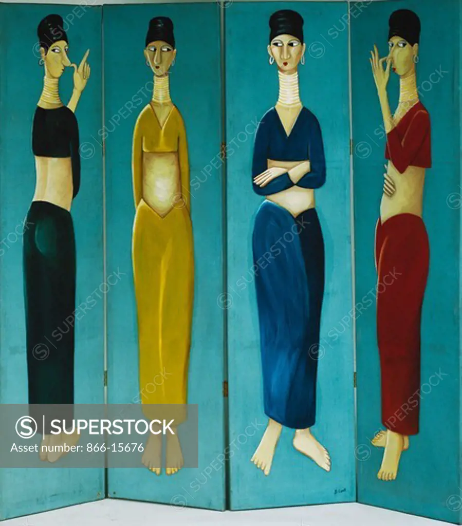 Four Arabian Ladies. Beryl Cook (1926-2008). Oil on canvas. Executed circa 1965. Four panelled screen, each panel 67 x 17in.