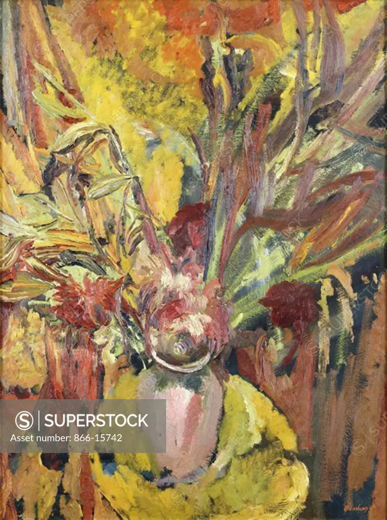 Irises in a Vase. David Bomberg (1890-1957). Oil on canvas. Signed and dated 1943. 42 x 31 1/2in