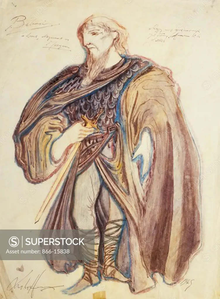 Cymbeline (Shakespeare) 1949, Shakespeare Memorial  Theatre (Michael Benthal): Costume design for Belarius. Leslie Hurry (1909-1978). Pen, brown ink, coloured crayon and watercolour. Dated 1949. 56 x 41cm