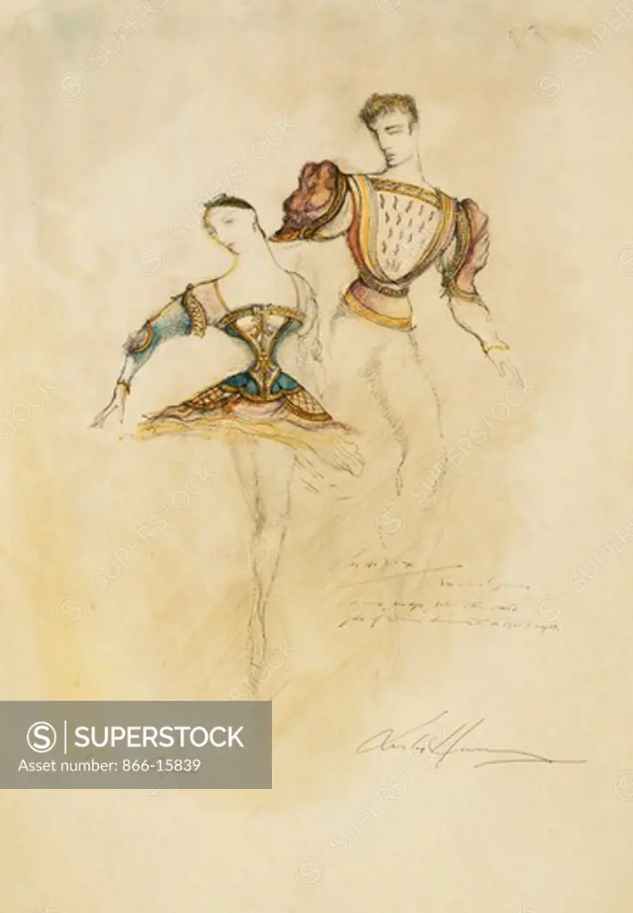Swan Lake (Tchaikovsky) 1952, Sadlers Wells (Petipa and Ivanov): Costume design for Pas de Six. Leslie Hurry (1909-1978). Pen, black ink and watercolour. Dated 1952. 54.5 x 38cm