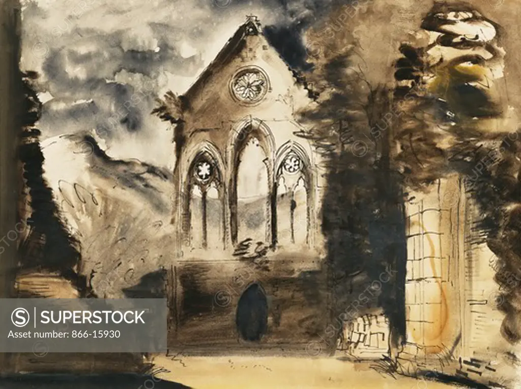 Ruined Abbey. John Piper (1903-1992). Pen, brush, black ink and watercolour. 38 x 51cm