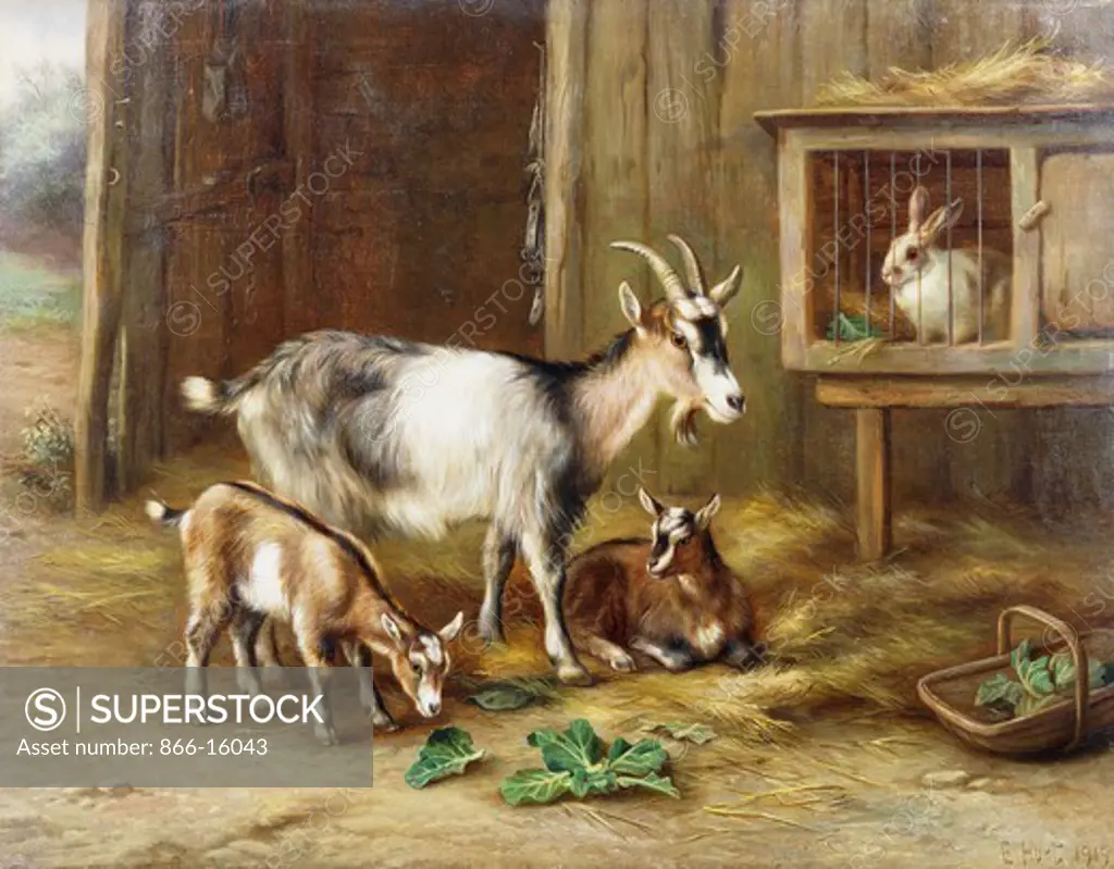 Goats by a Rabbit Hutch. Edgar Hunt (1876-1953). Oil on canvas. Signed and dated 1919. 35.5 x 46cm