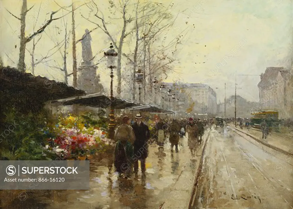 The Flower Market; Le Marche aux Fleurs, Place de la Republique, Paris. Edouard Leon Cortes(1882-1969). Oil on canvas. 33 x 46cm.