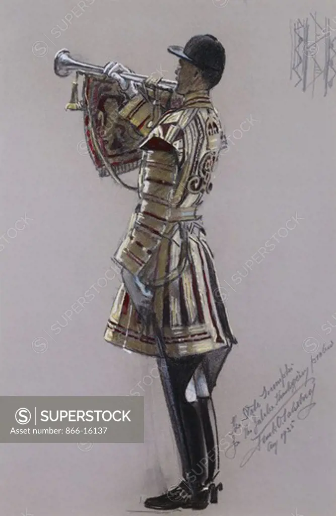 Portrait of the State Trumpeter, standing full length in ceremonial dress with a trumpet. Frank O. Salisbury (1874-1962). Charcoal, coloured chalk and watercolour on grey paper. Signed and dated August 1935. 61 x 40.8cm