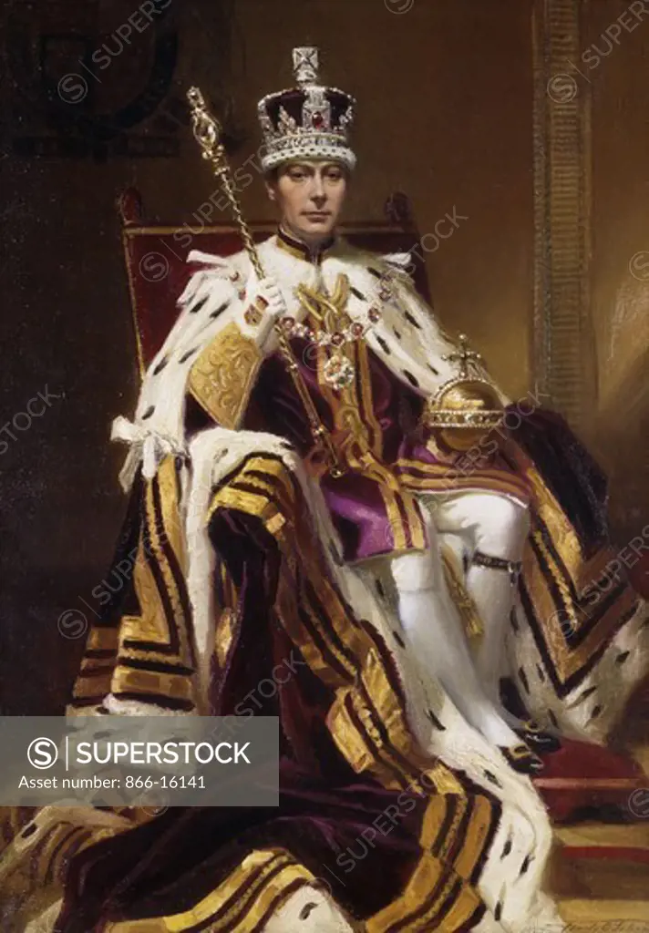 Portrait of H.M. King George VI, seated full length, in Coronation Robes.  Frank O. Salisbury (1874-1962). Oil on canvas. Signed and dated 1937. 76.2 x 55.9cm