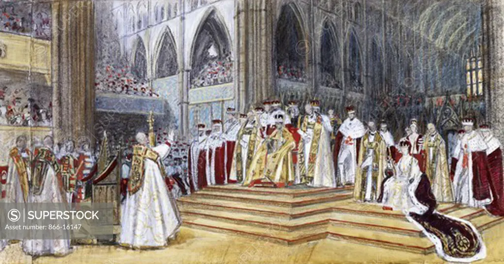 The Benediction at the Coronation of H.M. King George VI and H.M. Queen Elizabeth.  Frank O. Salisbury (1874-1962). Charcoal, coloured chalk and watercolour on beige paper. 57.1 x 107.9cm