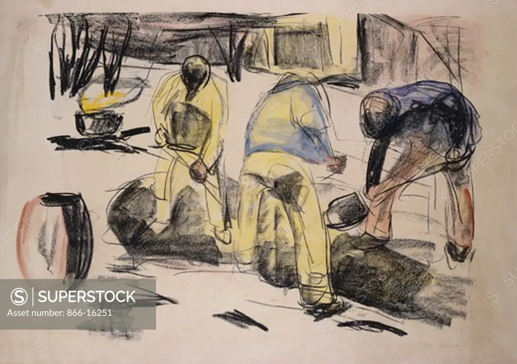 Grave Workers; Grabende Arbeiter. Edvard Munch (1863-1944). Lithograph with handcolouring. Executed 1920. 43.5 x 60.5cm.