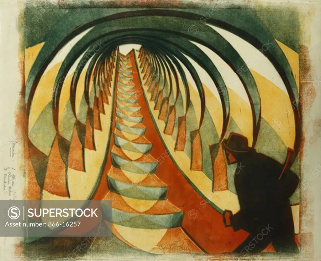 The Escalator. Cyril Edward Power (1872-1951). Linocut printed in colours on thin Japan. Dated circa 1929. 36.6 x 44.3cm.