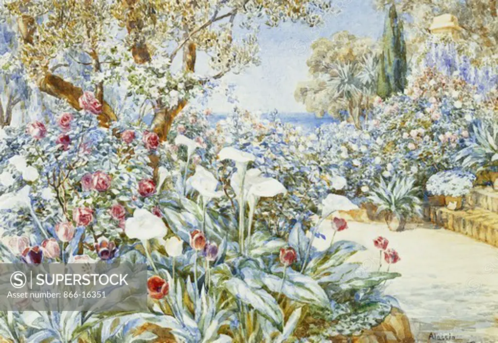 Riviera Garden, Alassio. Beatrice Parsons (1870-1955). Pencil and watercolour. 17.8 x 24.7cm