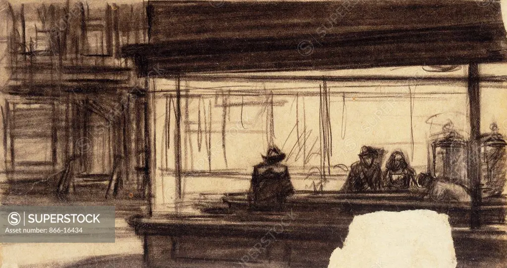 Study for Nighthawks, 1942. Edward Hopper (1882-1967). Conte crayon on buff paper laid down on board. Executed in 1942. 11.6 x 21.5cm.