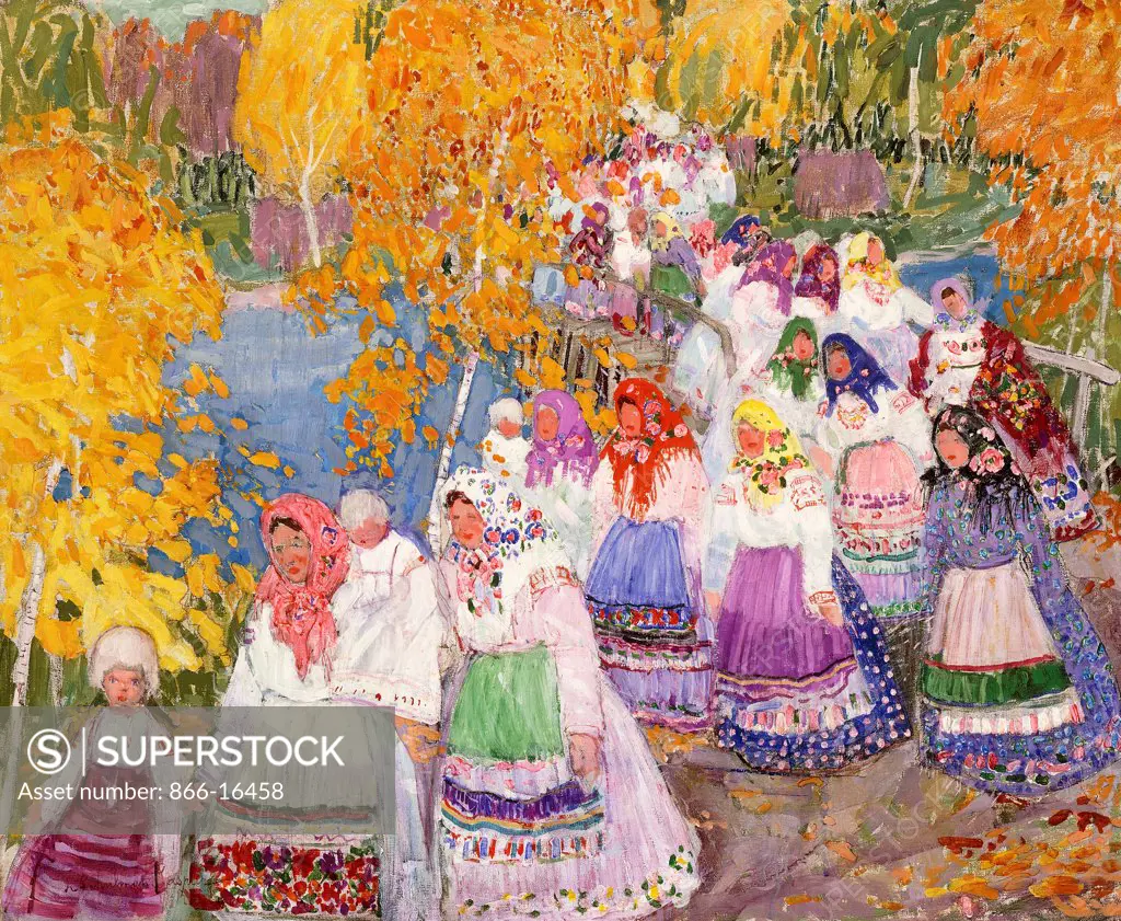 Russian Peasant Parade. Leon Schulman Gaspard (1882-1964). Oil on canvas laid down on board. Signed and dated 1919. 20.5 x 56cm.