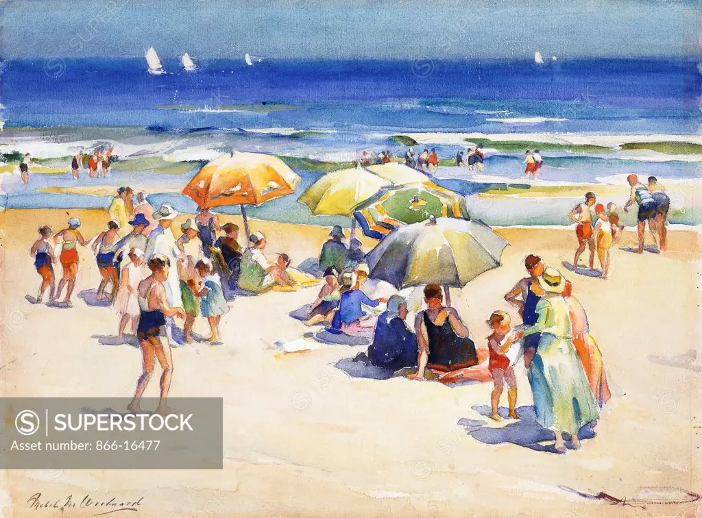 An Afternoon at the Beach. Mabel May Woodward (1877-1945). Watercolour and pencil on board. 38 x 56cm.
