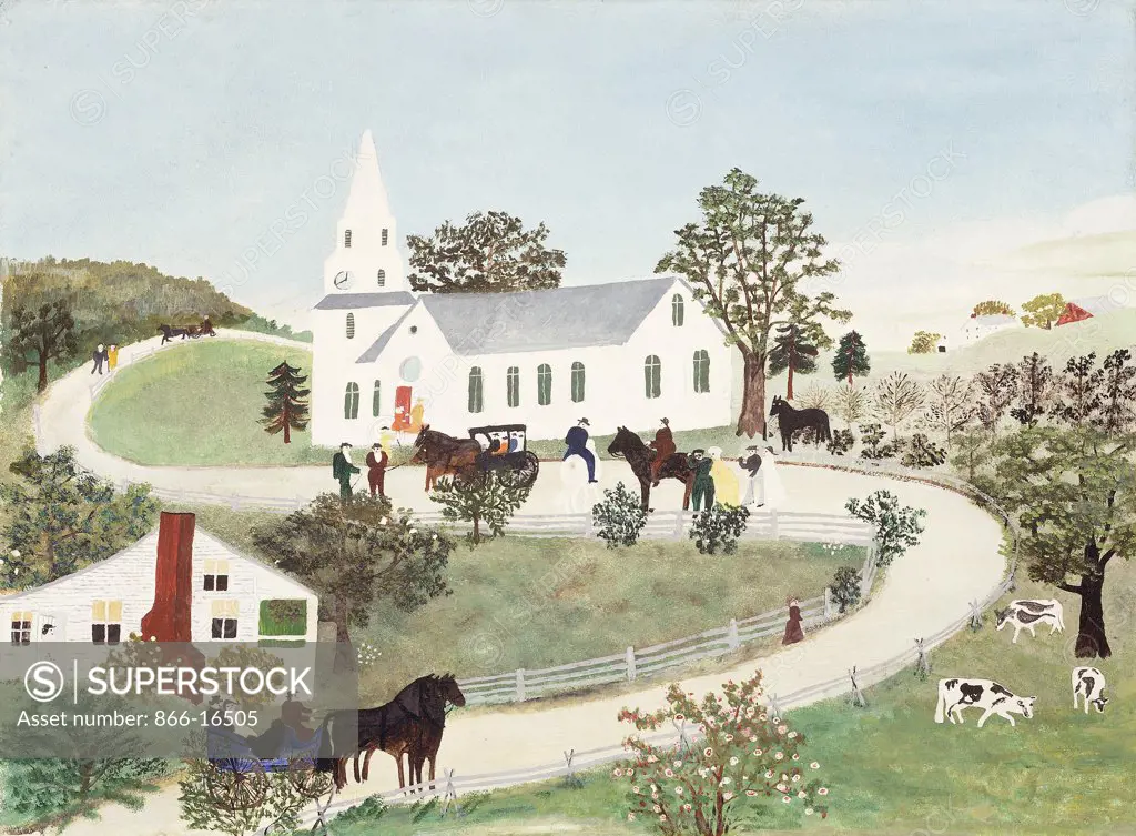 Going to Church. Anna Mary Robertson Moses (Grandma Moses) (1860-1961). Tempera on canvasboard. Painted 3rd March 1945. 40.7 x 50.8cm.