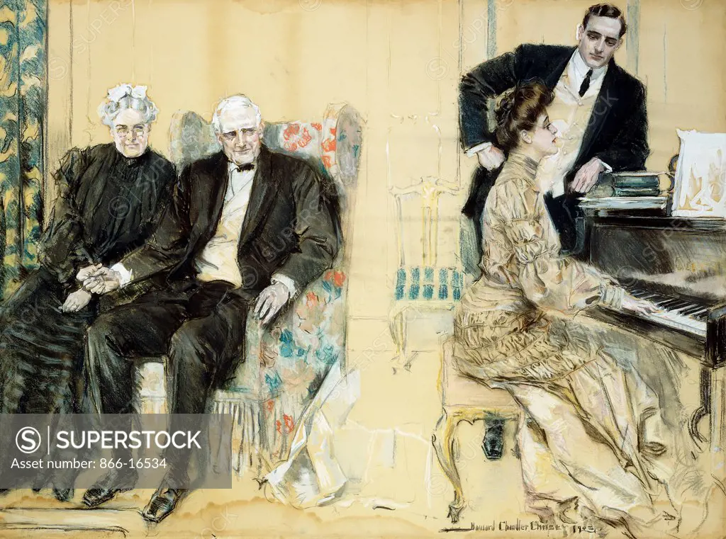 The Piano Recital. Howard Chandler Christy (1873-1952). Pastel, gouache and pencil on board. Executed in 1903. 75.6 x 101cm.