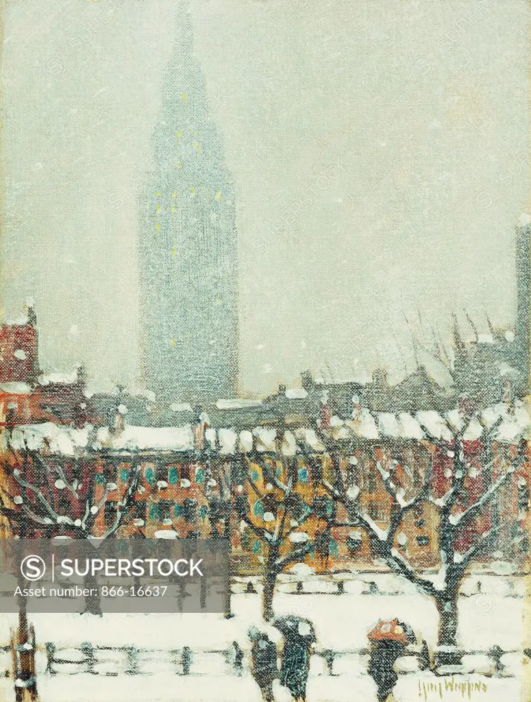 Old and New New York from Washington Square. Guy Carleton Wiggins (1883-1962). Oil on canvasboard. 30.5 x 22.8cm.